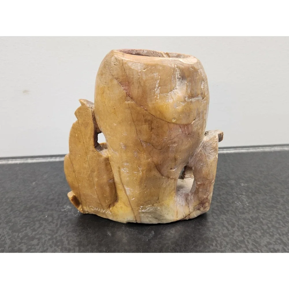 Carved Soapstone Chinese Floral Vase Carving Tan Floral Fruit Vintage Twin Vase